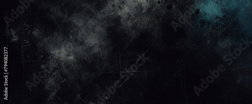 Glitter mist. Paint water splash. Magic spell. Blue silver gray color gradient shiny smoke veil wave on black abstract art background with free space. photo