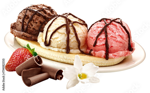 banana split com bola de sorvete morango, bola de sorvete de chocolate e bola de sorvete de baunilha isolado em fundo transparente