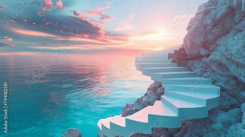 A dreamlike image of a spiral staircase made of smooth, white stones, winding down from a clifftop into a calm, turquoise sea at sunset, with the sky ablaze with color.   photo