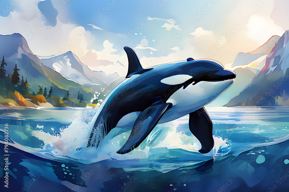 Obraz premium killer whale plays in the waves at sunset, in a watercolor style. World Whale Day