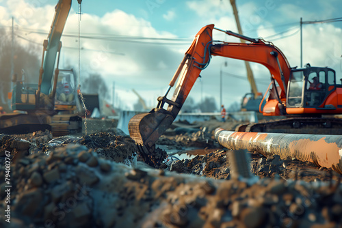 Witness construction in action as an excavator digs the ground at a construction site, preparing for the installation of pipes.