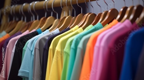Close up of colorful t-shirts on hangers for man, apparel background. Variety of colors of mens t-shirts. Gray, black, white, olive, green, blue, burgubdy. High quality photo