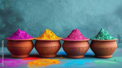 vibrant holi colors powder arranged in traditional clay pots festive still life photography
