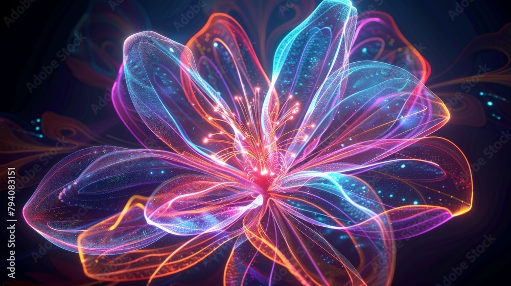 A flower composed entirely of glowing lines, resembling a neon sign in the shape of a bloom, creating an abstract and futuristic floral concept, perfect for a night club poster. A flower composed entirely of glowing lines, resembling a neon sign in the shape of a bloom, creating an abstract and futuristic floral concept, perfect for a night club poster.