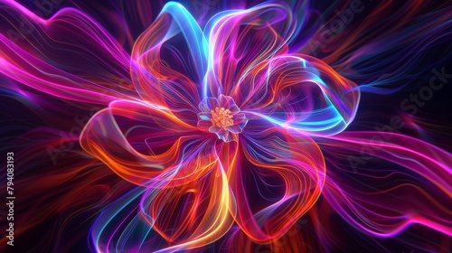 A flower composed entirely of glowing lines, resembling a neon sign in the shape of a bloom, creating an abstract and futuristic floral concept, perfect for a night club poster. 