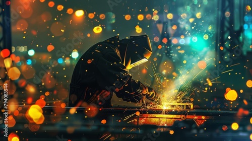 welder works with sparks and bokeh lights in industrial setting digital painting photo