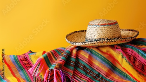 A classic Mexican Sombrero and vibrant serape blanket set against a sunny yellow backdrop with plenty of space for your text