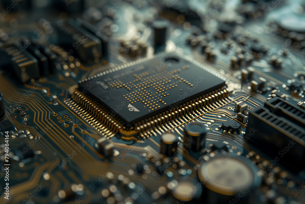 Get up close to cutting-edge technology with a detailed shot of a storage chip on a circuit board against a striking blue background. Get up close to cutting-edge technology with a detailed shot of a storage chip on a circuit board against a striking blue background.