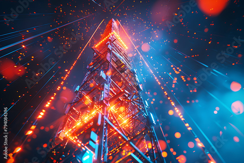 A futuristic wireframe-based visualization with a 5G tower against a glowing translucent background, showcasing advanced telecommunications technology in a digital environment.