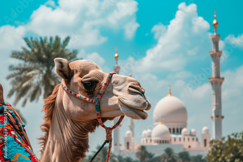 Photo camel with mosque in beautiful islamic background
