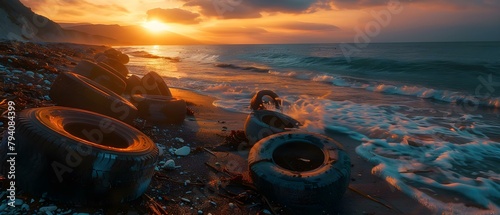 Rubber tires washed ashore on sunset beach from refugees crossing the Mediterranean to Europe. Concept Refugee Crisis, Environmental Impact, Human Rights, Mediterranean Sea, Beach Pollution photo