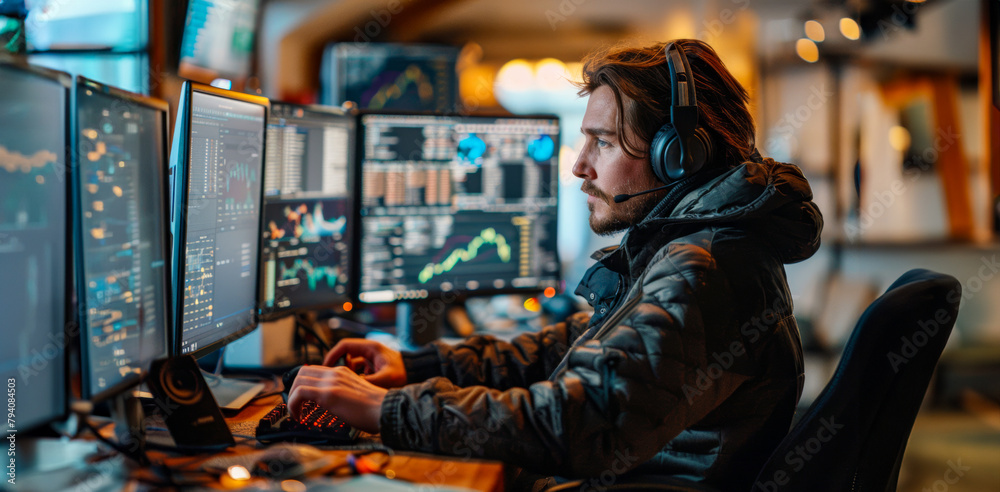 A man in a black jacket is sitting in front of a computer with a headset on