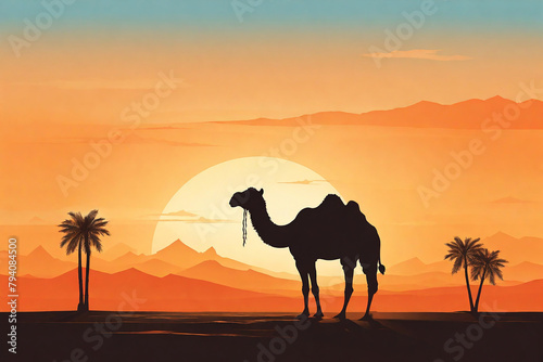 Silhouette of camel and palm trees at sunset  illustration.