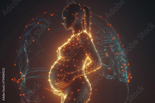 A captivating wireframe visualization against a glowing translucent background, featuring a pregnant woman embodying maternal beauty and grace.