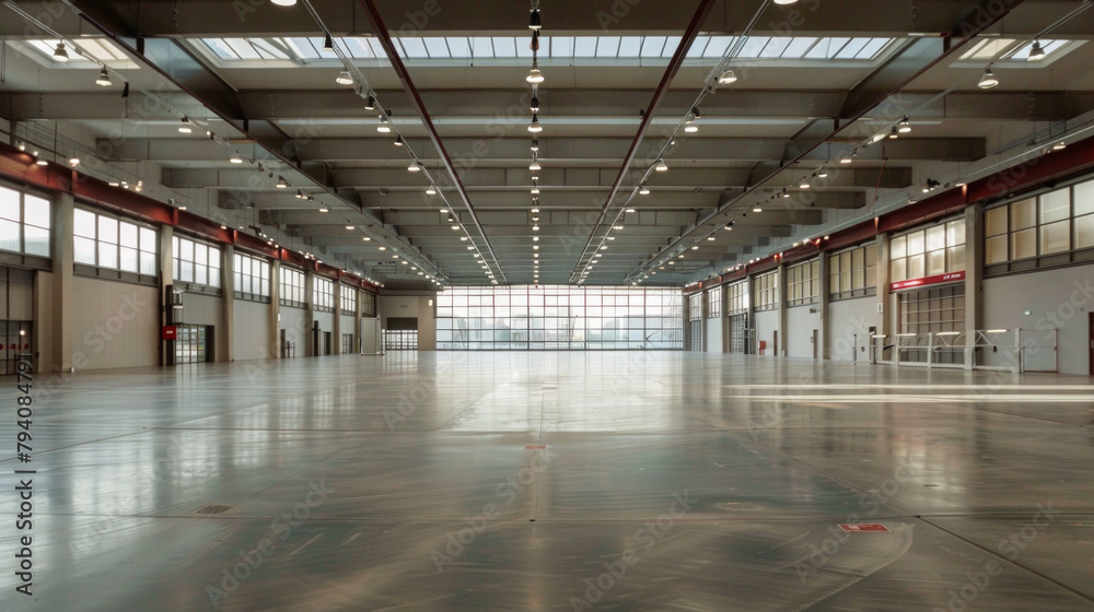 A large empty warehouse with a lot of light