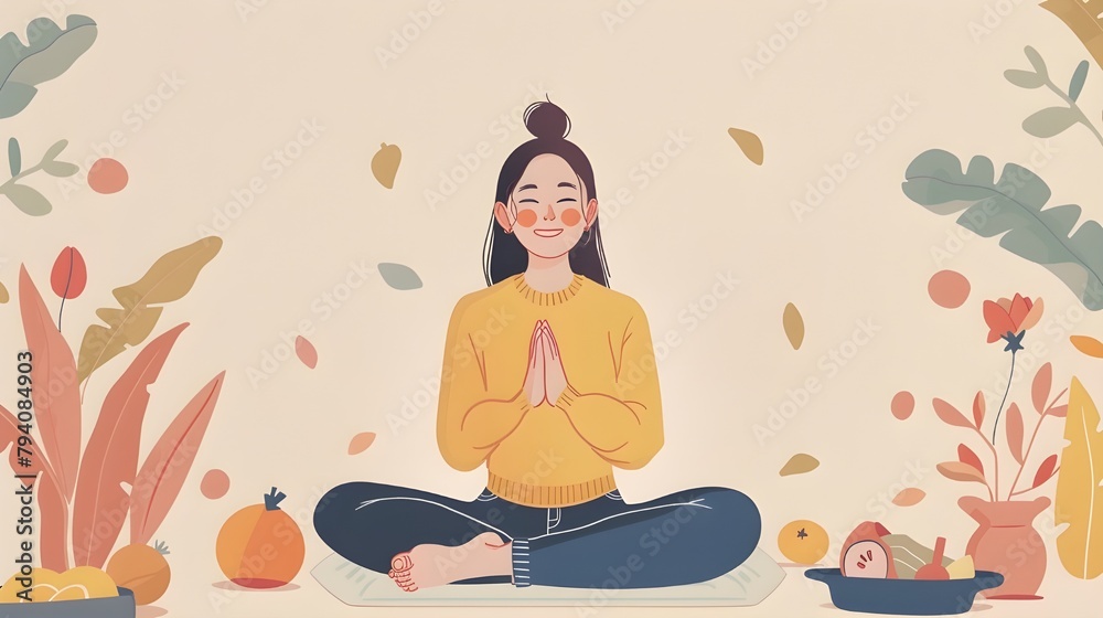 Girl meditating, cartoon meditation, healthy lifestyle, vegan Girl meditating, cartoon meditation, healthy lifestyle, vegan