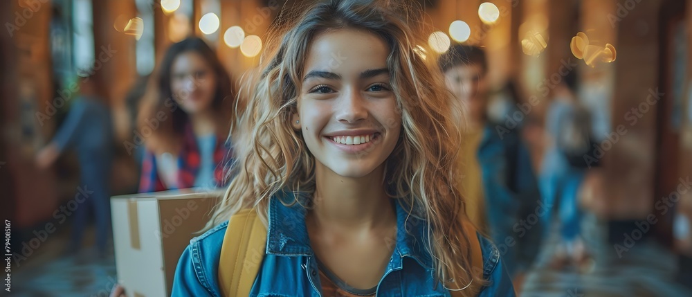 College student excitedly moving into dorm as parents happily watch in background. Concept College Life, Moving In, Dorm Room, Family Support, Exciting Beginnings