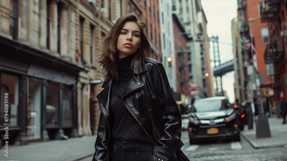 Fototapeta premium An American model wearing black in the streets of New York