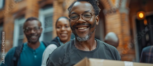 Black college student moving into dorm with parents helping carry crates. Concept Moving into Dorm, College Life, Family Support, New Beginnings, Emotional Farewell photo