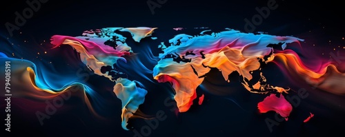 Dynamic 3D motion graphic of a world map, highlighting global activity with vibrant, flowing color patterns #794085191