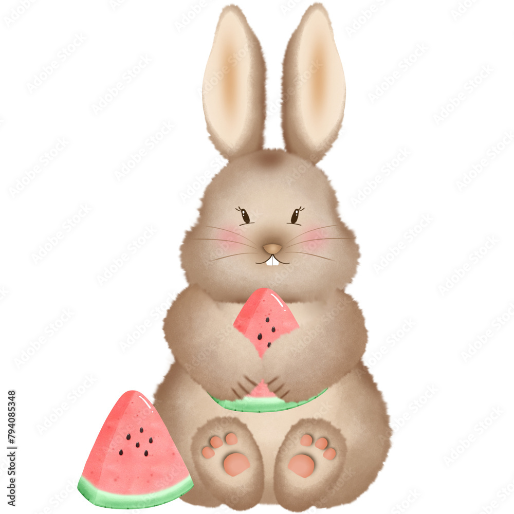 Obraz premium Brown rabbit with fresh watermelon