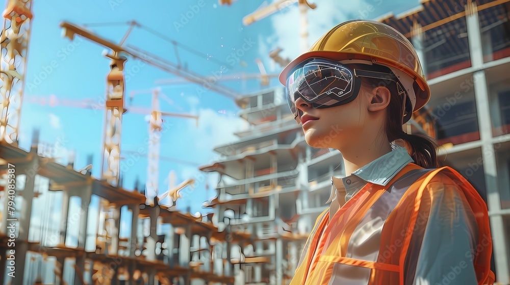 Portrait of Asian female engineer or architect with safety helmet and safety goggles on construction site, Generative AI illustrations. Portrait of Asian female engineer or architect with safety helmet and safety goggles on construction site, Generative AI illustrations.