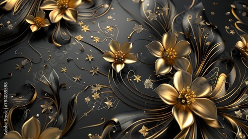 opulent florals luxurious dark background with intricate golden floral patterns 3d artwork