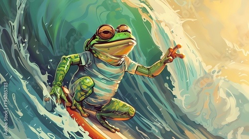 illustration of a green frog surfing on surfboard in the ocean, Generative AI illustrations.