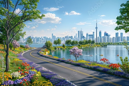 View of road highway with lake garden and modern city skyline in background