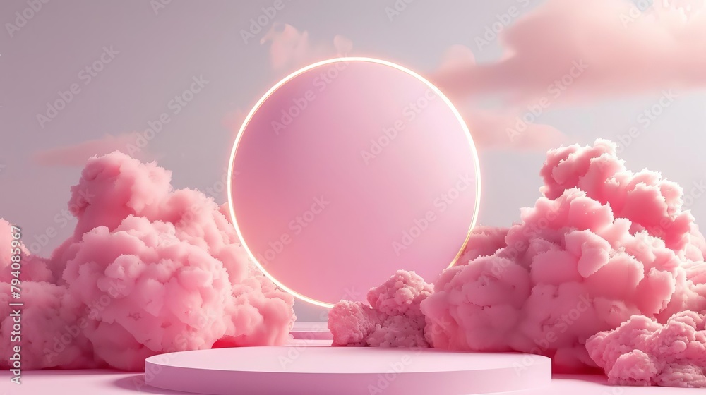 pink podium display with dreamy clouds and celestial light on white background 3d rendering