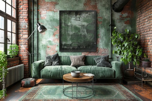 living room interior in emerald tones, large green sofa, brick walls. big windows. there is a big city outside the windows. there is a large painting on the wall. a lot of green plants © Eugeniia