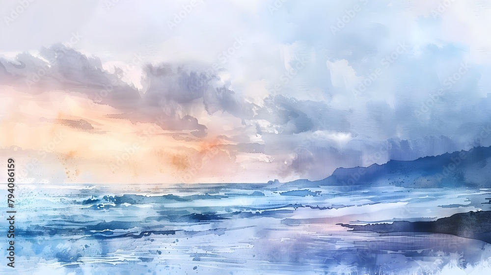 Breathtaking Panoramic Coastal Sunset Landscape with Vibrant Watercolor Textures and Ethereal Atmosphere