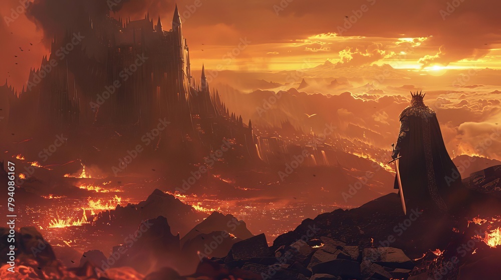 powerful king overlooking fiery smoky empire majestic ruler in apocalyptic fantasy landscape digital illustration powerful king overlooking fiery smoky empire majestic ruler in apocalyptic fantasy landscape digital illustration