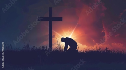 prayerful reflection silhouette of man kneeling in prayer before illuminated cross religious concept illustration photo