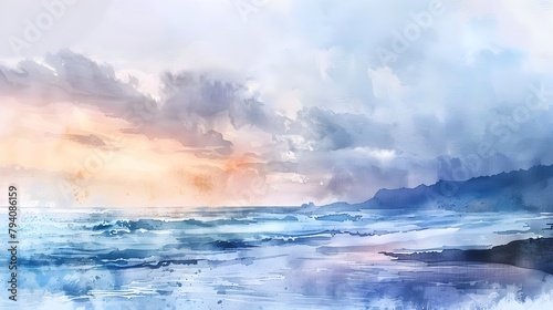 Breathtaking Panoramic Coastal Sunset Landscape with Vibrant Watercolor Textures and Ethereal Atmosphere