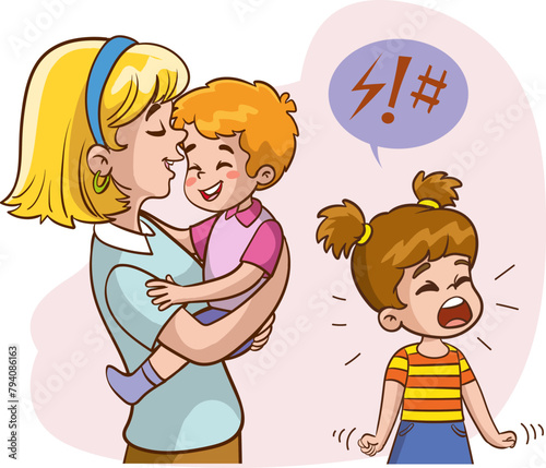 Sad and angry child looking at his mother holding her baby. child is jealous of his mother flat vector illustration. Sibling rivalry concept for family relationship, banner, website design or landing 