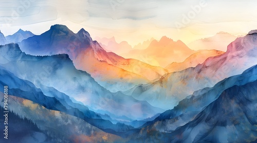 Breathtaking Panoramic Watercolor Landscape of a Tranquil Mountain Valley at Dawn