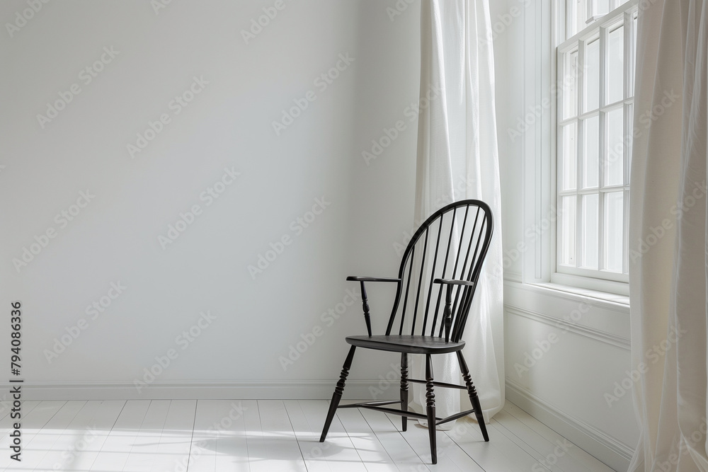 stylish composition presenting a Windsor chair as a focal point in a contemporary space, against a white backdrop, illustrating its seamless integration into modern décor schemes w stylish composition presenting a Windsor chair as a focal point in a contemporary space, against a white backdrop, illustrating its seamless integration into modern décor schemes w