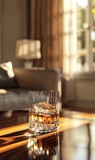 A glass of whiskey rests on a polished wooden surface in an elegant, sunlit room