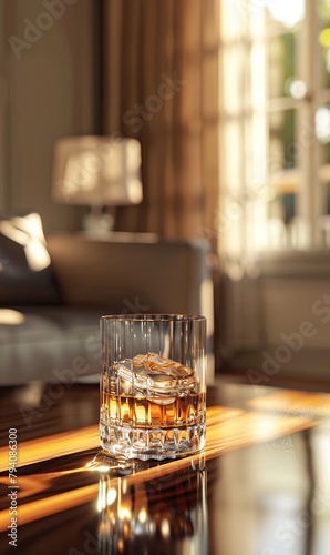 A glass of whiskey rests on a polished wooden surface in an elegant, sunlit room