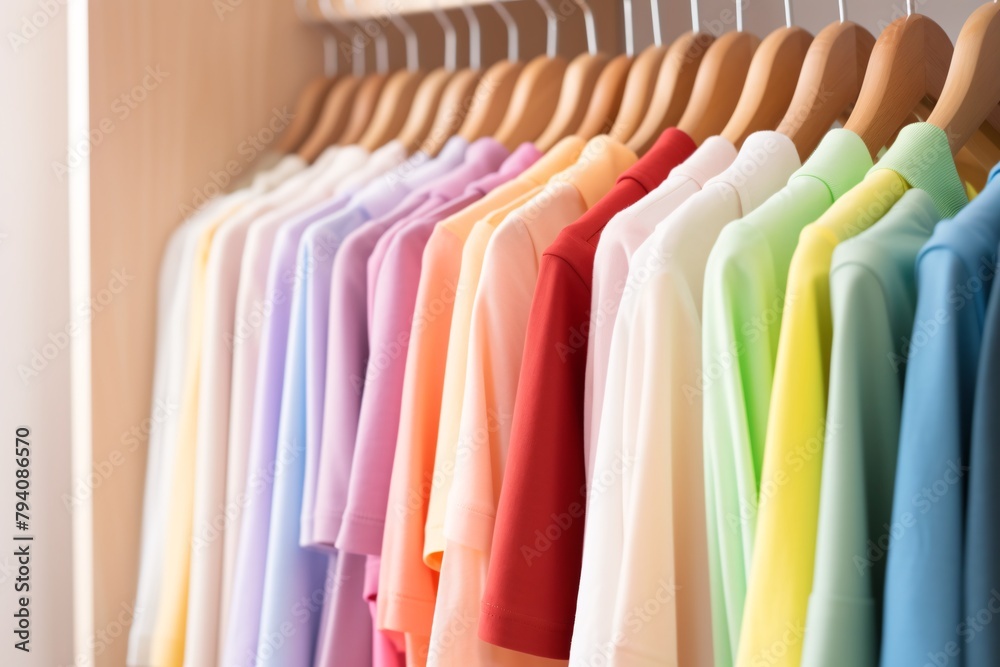 A range of colorful T-shirts hanging orderly on wooden hangers.