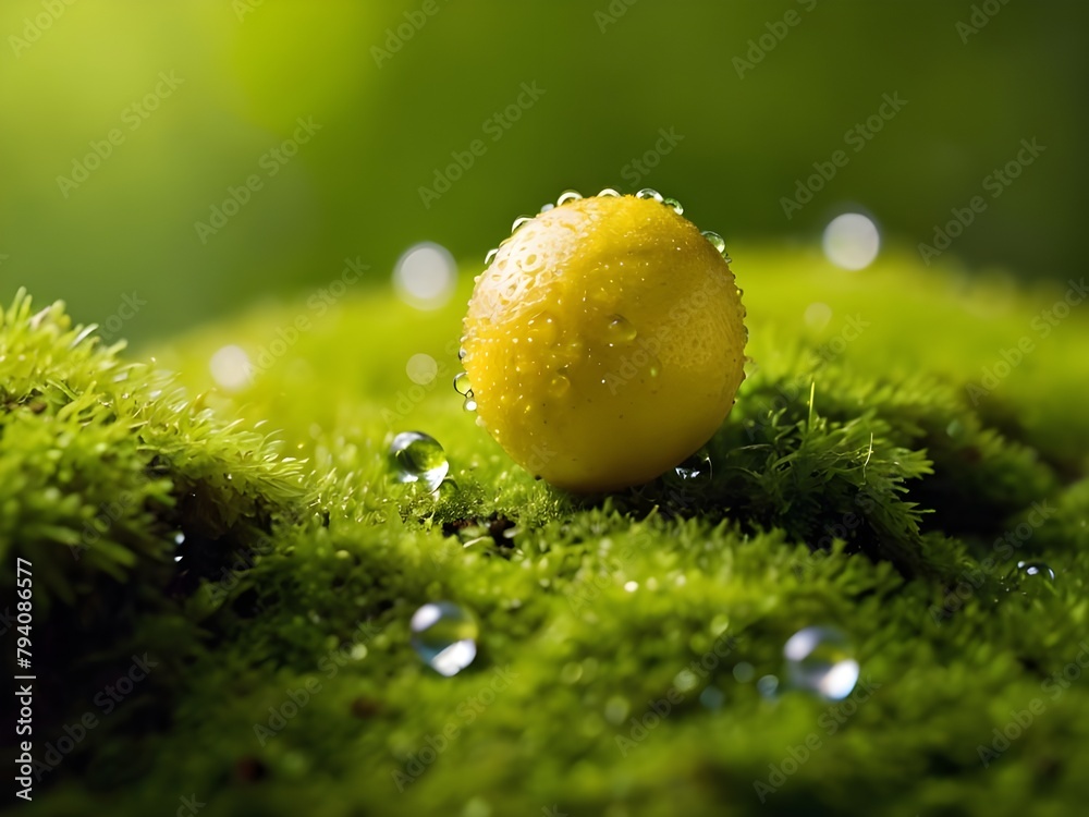 A yellow lemon is sitting on a green mossy field A yellow lemon is sitting on a green mossy field