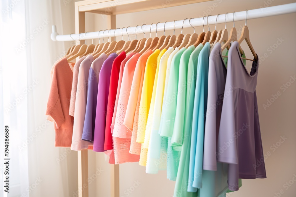 Colorful clothing items hung on a rack in a bright closet.