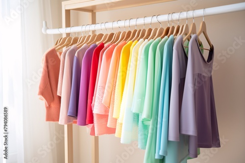 Colorful clothing items hung on a rack in a bright closet.