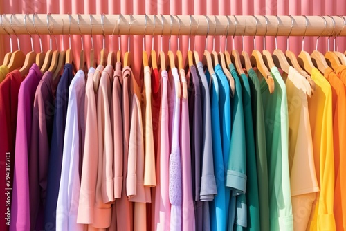 Colorful array of various garments hanging on a rack against a pink background.