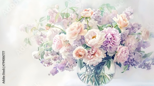 Delicate Watercolor Floral Bouquet in Glass Vase with Romantic Muted Tones © toodlingstudio