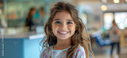 Smiling young girl with wavy hair at a bright indoor setting