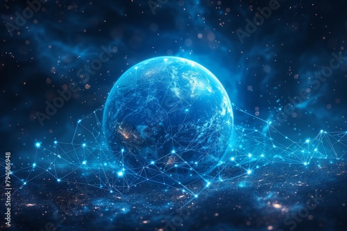 The image shows planet Earth surrounded by a network of glowing dots and lines, representing the internet and global communication.