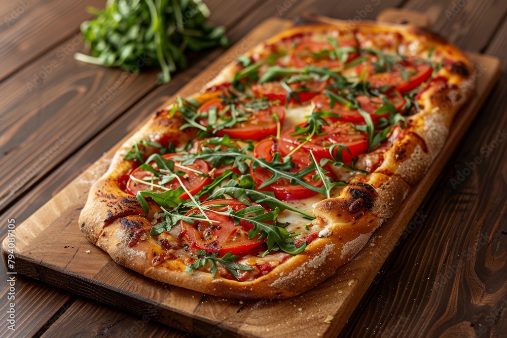 On a wooden kitchen table on a cutting board lies a  rectangular crispy pizza decorated with thin round slices of tomatoes, herbs, and crispy cheese. herbs, spices, 