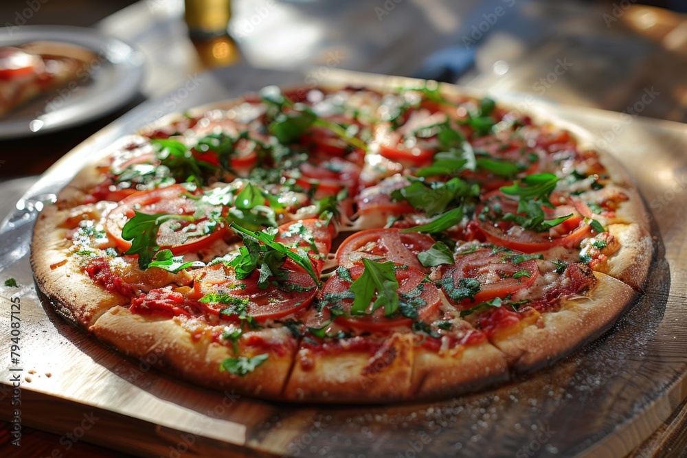 On a wooden kitchen table on a cutting board lies a round crispy pizza decorated with thin round slices of tomatoes, herbs, and crispy cheese. herbs, spices, kitchen utensils are beautifully arrang On a wooden kitchen table on a cutting board lies a round crispy pizza decorated with thin round slices of tomatoes, herbs, and crispy cheese. herbs, spices, kitchen utensils are beautifully arrang